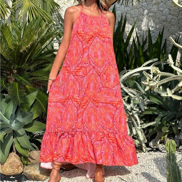 Boho Floral Paisley Print Hi Low Hem Backless Open Back Halter Maxi Dress - Picture 4 of 5